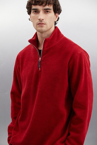 GRIMELANGE Hayes Herren-Fleece-Halbreißverschluss mit Lederzubehör, dickes, strukturiertes, bordeauxrotes Fleece mit bequemer Passform