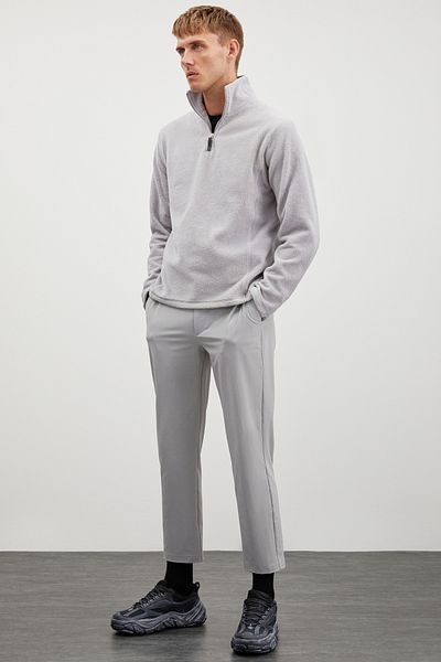 GRIMELANGE Hayes Herren-Fleece-Fleece mit halblangem Reißverschluss, dickes, strukturiertes, bequemes, graues Fleece mit Lederaccessoires