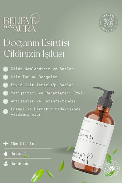 Believe Your Aura Natural Hand and Skin Liquid Soap with Jasmine Plant Extract - Vitamin E Aloe Vera Shea Butter - 500 ml