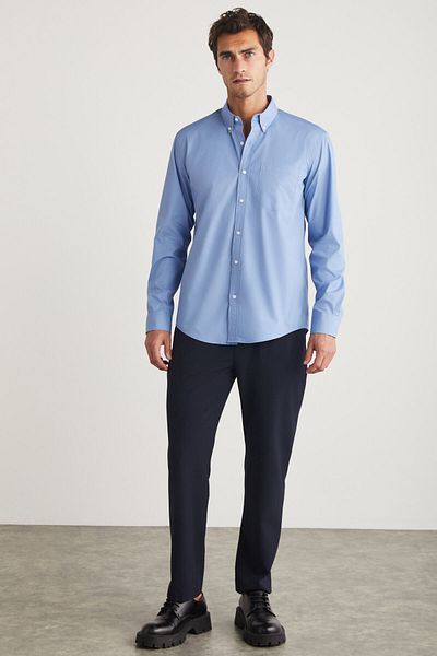 GRIMELANGE Peres Men's Woven 100% Cotton Thick Textured Pocket Slim Fit Blue Shirt