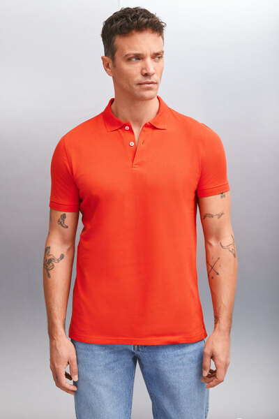 GRIMELANGE MARTEN Herren-T-Shirt mit Polokragen, 100 % Baumwolle, kurzärmlig, normale Passform, rot