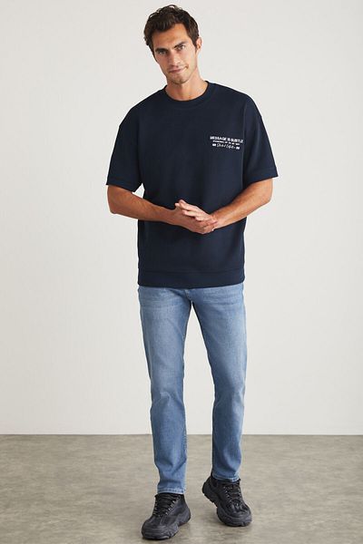 GRIMELANGE Μπλουζάκι Brendan Ανδρική λαιμόκοψη 100% βαμβάκι Navy Blue με κέντημα και λεπτομέρεια εκτύπωσης
