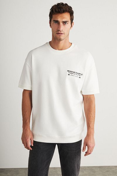 GRIMELANGE Brendan Men's Crew Neck 100% Cotton Ecru T-shirt with Embroidery and Print Detail