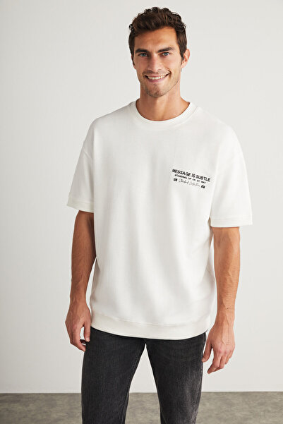 GRIMELANGE Brendan Men's Crew Neck 100% Cotton Ecru T-shirt with Embroidery and Print Detail