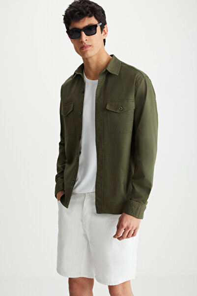 GRIMELANGE Ανδρικό πουκάμισο Nader με χοντρό υφαντό ύφασμα από καμβά τύπου Χακί Μπουφάν