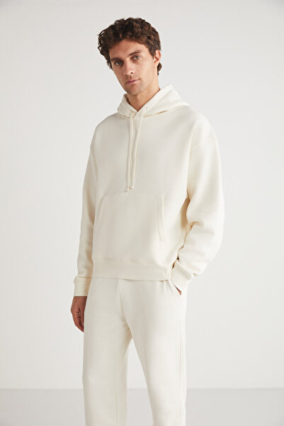 GRIMELANGE ERON Men's Hooded Kangaroo Pocket Fleece Inside Ecru Tracksuit Set