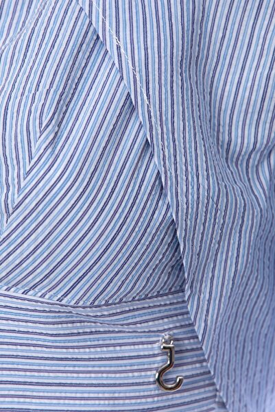 OVERSUAL Scorpio Kadın Mavi Çizgili Crop Gömlek