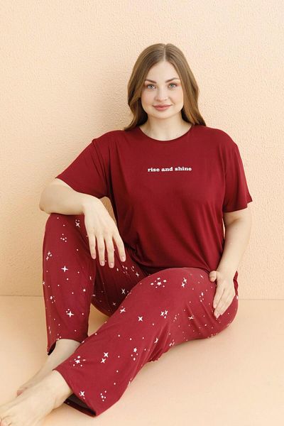 MEBA Women's Lycra Milan Oversize Short Sleeve Claret Red Rise And Shine Plus Size Pajama Set /24
