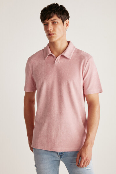 GRIMELANGE Todd Men's Polo Neck Terry Fabric Thick Textured Pink Polo Neck T-shirt