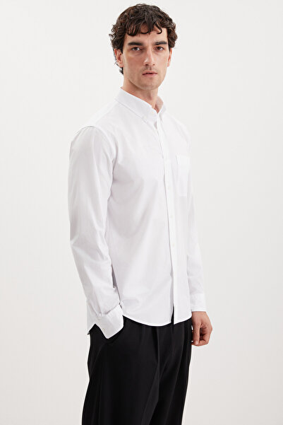 GRIMELANGE Peres Men's Woven 100% Cotton Thick Textured Slim Fit White Shirt with Pockets