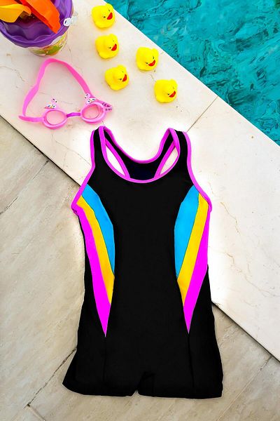 Eke Tekstil Black Girl's 40 Factor Sun Uv Protected Sea with Shorts, Pool Swimmer Swimsuit