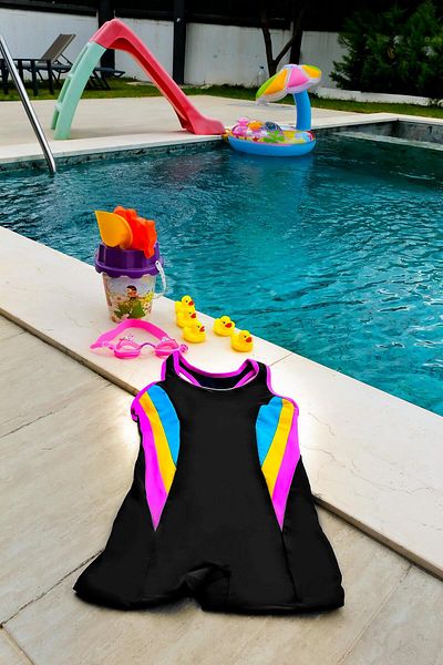 Eke Tekstil Black Girl's 40 Factor Sun Uv Protected Sea with Shorts, Pool Swimmer Swimsuit