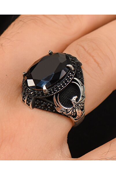 Prestige Gümüş Erkek Yüzük Siyah Zirkon Taşlı Anka Kuşu Figürlü