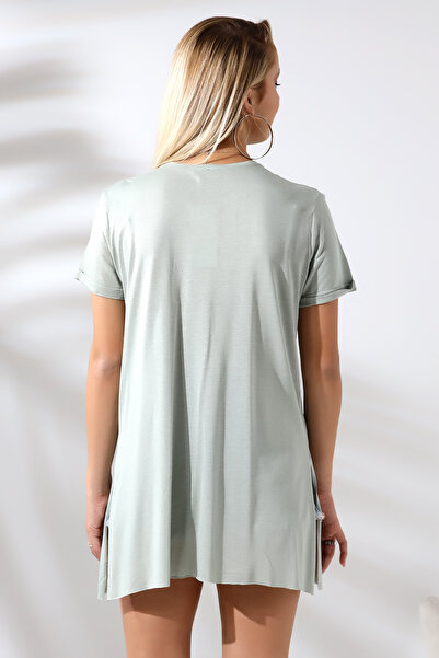 Endies Casual T-Shirt with Folded Sleeves and Slits on the Sides 19598 ÇAĞLA GREEN