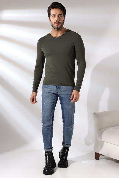 Endies Tricou compact cu mânecă lungă, cu decolteu în V, cu mânecă lungă, în lycra pieptănată, 19699 kaki