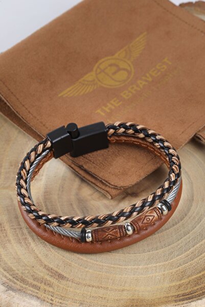 MRHERO Mh006 Erkek Taba Pierra Cardin Model El Yapımı Hakiki Deri Bileklik