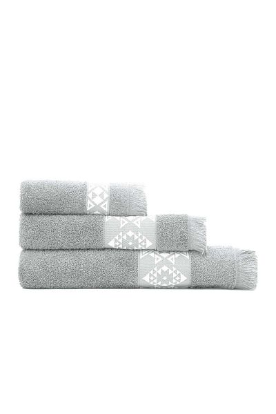 Green Black Hereke 3-Piece Towel Set 100% Cotton Jacquard Cream Bordered Light Gray