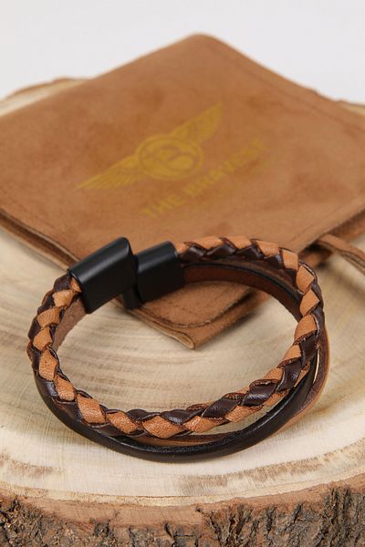 MRHERO Mh004 Men's Brown 2 Plain 1 Braided Handmade Genuine Leather Bracelet
