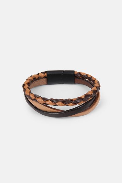 MRHERO Mh004 Men's Brown 2 Plain 1 Braided Handmade Genuine Leather Bracelet