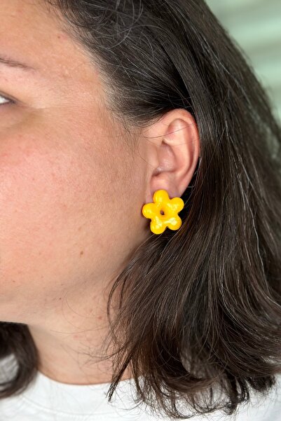 CLAYN Polimer Kil Sarı Çiçek ve Mavi Bulut Küpe Seti