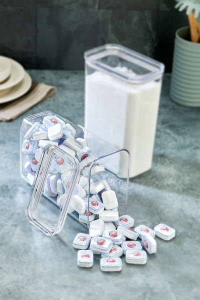 Milenay Tablet Detergent Crystal Storage Container, 3000ml Volume, Airtight Vacuum Lid, Sticker Gift