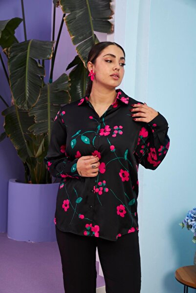 RMG Plus Size Black Floral Patterned Long Sleeve Shirt