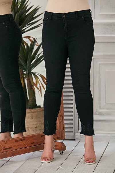 RMG Paça Püskül Detaylı Büyük Beden Füme Kot Pantolon