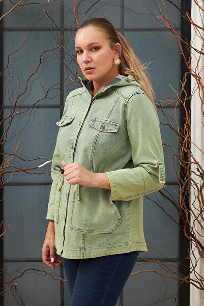 RMG Plus Size Green Denim Jacket with Pocket Detail