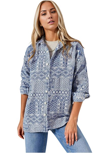 Cassime Γυναικείο πουκάμισο σε γαλάζιο έθνικ σχέδιο