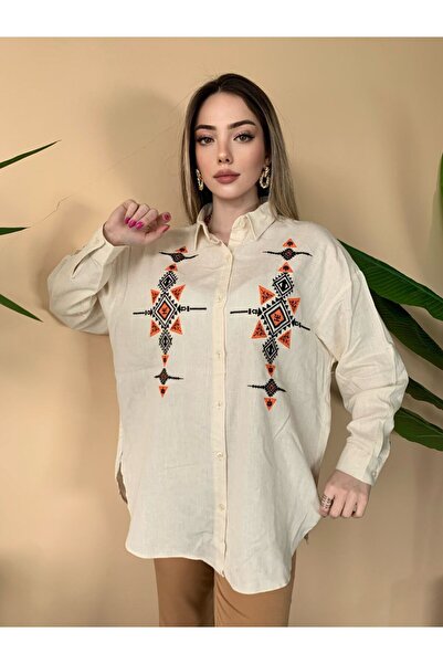 BAJAR OWERSİZE/STANDART NAKIŞLI KETEN GÖMLEK