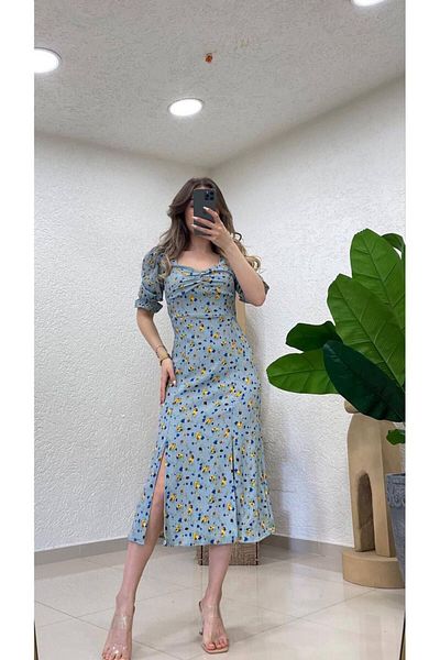 ALLEYTA Women's Patterned Wrinkled Heart Collar Short Sleeve Double Slit Drawstring Detail Dress