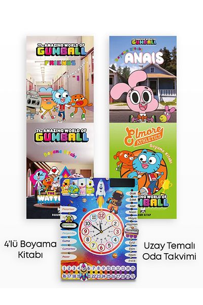Zikrifikir Set of 4 - Planet Themed Real Clock Wall Calendar and Gumball Coloring Book
