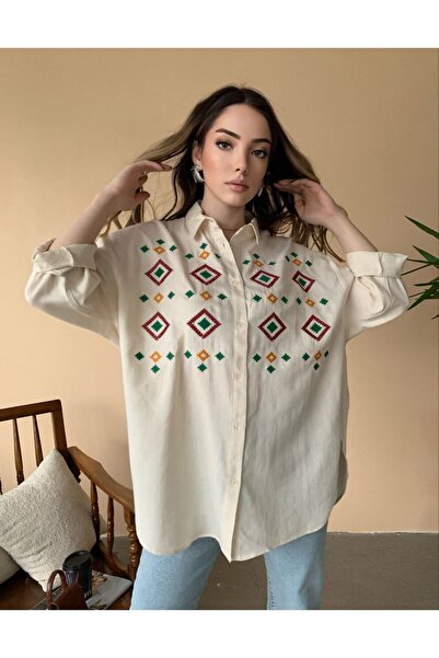 BAJAR OWERSİZE NAKIŞLI KETEN GÖMLEK