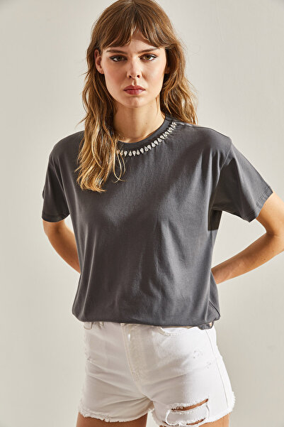 Bianco Lucci Kamenem vyšívané dámské česané bavlněné tričko – límec60211011