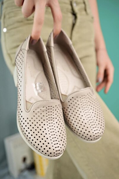 Akgün Terlik Stone Colored Genuine Leather Women's Orthopedic Heeled Shoes