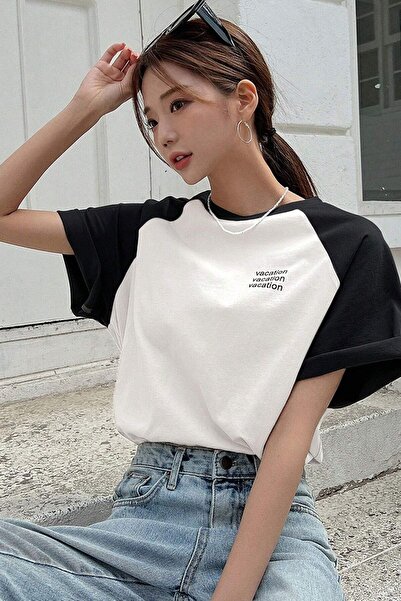 MARECASH Beyaz Unisex Vacation Baskılı Reglan Kol Oversize T-shirt