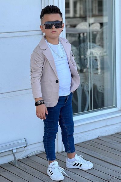 Riccotarz Boy - Embroidered Blazer Jacket and Long Sleeve Buttoned Cream T-Shirt Set