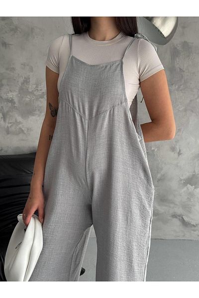 MsLena Butik Gray Aerobin Fabric Maternity Jumpsuit - Loose, Tied Strap Noa270-1380