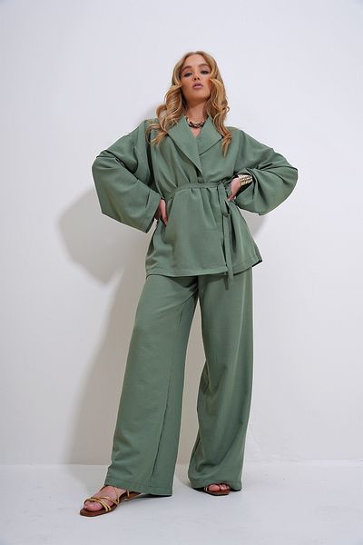 Trend Alaçatı Stili Khaki Colored Women's Blazer and Wrinkled Jacket Set - ALC-X12433