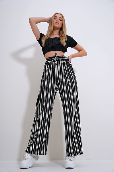Trend Alaçatı Stili Pantaloni de damă Palazzo cu model negri - Talie elastică ALC-X12297