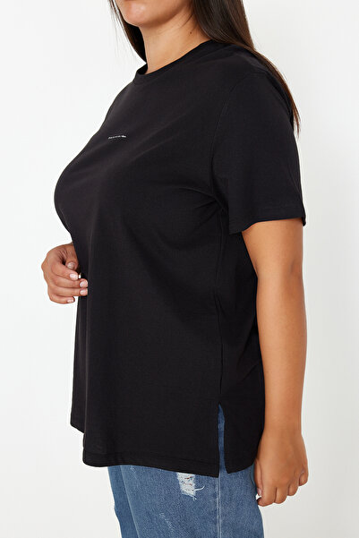 Trendyol Curve Black Crew Neck Printed Large Size Knitted Tshirt