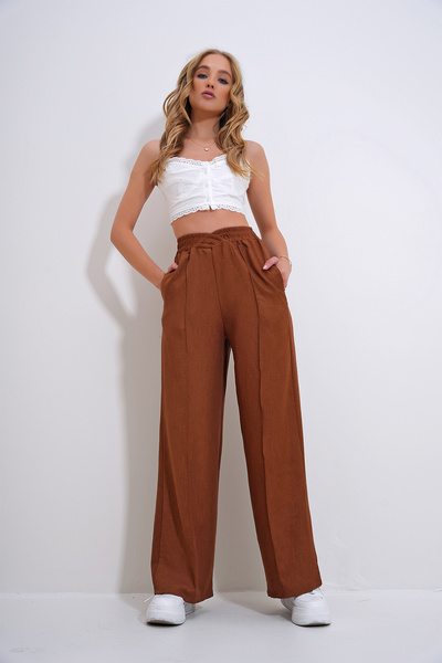 Trend Alaçatı Stili Cinnamon Color Women's Palazzo Trousers - Double Breasted and Elastic Waist ALC-X12369