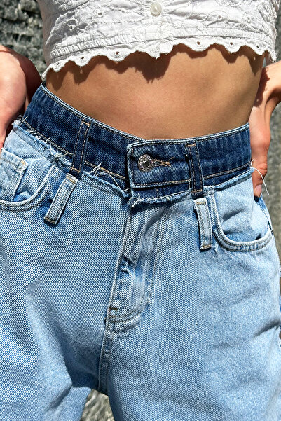 Trend Alaçatı Stili Pantaloni de damă Palazzo Jean cu degrade albastru - spălat cu zăpadă, ALC-X12377