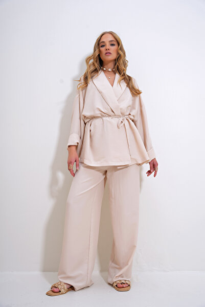 Trend Alaçatı Stili Krémszínű ráncos blézer dzseki és felső szett - ALC-X12433