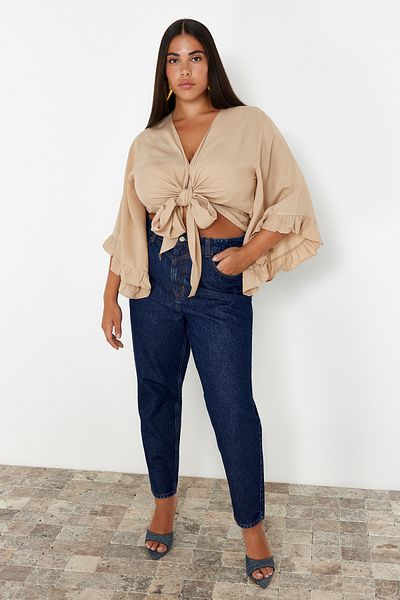 Trendyol Curve Βιζόν Crop Λαβή Frilly Flounced Διπλό γιακά Μπλούζα Παραλίας Μπλούζα μεγάλου μεγέθους TBBSS24AF00071