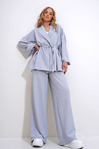 Trend Alaçatı Stili Gray Wrinkled Blazer Jacket and Top Set - ALC-X12433