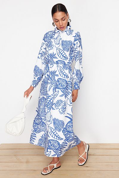 Trendyol Modest Φόρεμα με υφασμένο μπλε φλοράλ μοτίβο βισκόζης - TCTSS24EB00216