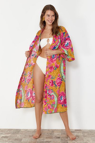 Trendyol Collection Ethnic Patterned Belted Midi Woven 100% Cotton Kimono&Kaftan TBESS22KM0023