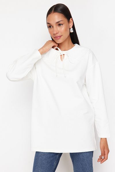 Trendyol Modest Dětská ecru oversize pletená tunika s límečkem - TCTSS24UK00040