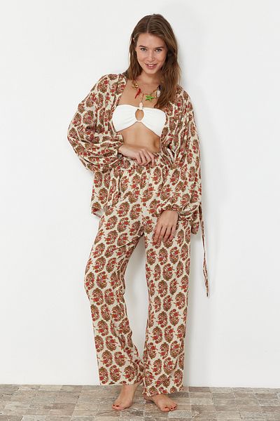 Trendyol Collection Floral Print Belted Woven Kimono Pants Beach Suit Tbess24Au00073